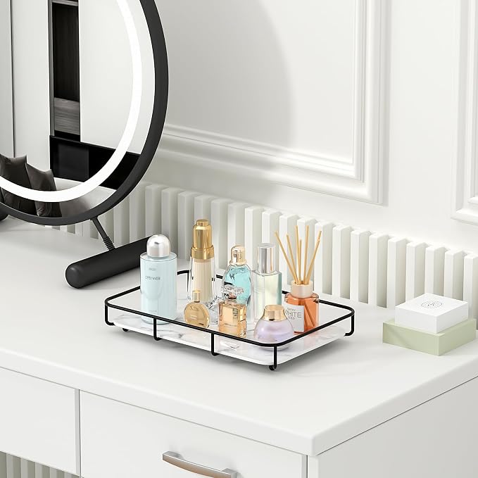 Dobbyby Vanity Tray Makeup Organizer Cosmetics Storage Bathroom Skincare Organizer Countertop Display Rack in Dresser Stainless Steel Shelf Marble Print Ceramic Trays - Image 5