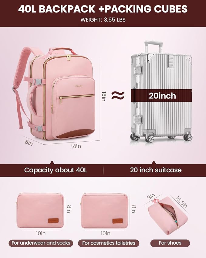LOVEVOOK 40L Travel Backpack Flight Approved Carry on Backpack,3 Packing Cubes,Waterproof Personal Item Travel Bag,TSA Carry on Luggage Suitcase Travel Essentials,Gifts for Women & Men,fits 17" Laptop - Image 5
