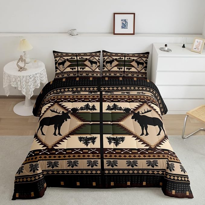 Erosebridal Moose Comforter Set for Kids Boys Girls Rustic Hunting Animal Bedding Sets Full Farmhouse Wild Animal Sketch Quilt Western Tribal Duvet Insert with 2 Pillowcases Lightweight - Image 2