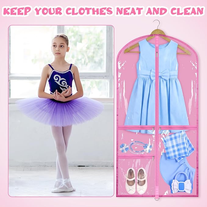 Windyun 10 Pack Garment Bags for Dance Costumes Kids 40 Inch Bags Hanging Clothes with 3 Clear Zipper Pocket Waterproof Garment Cover for Dance Competition, Travel, Closet Storage (Pink) - Image 5