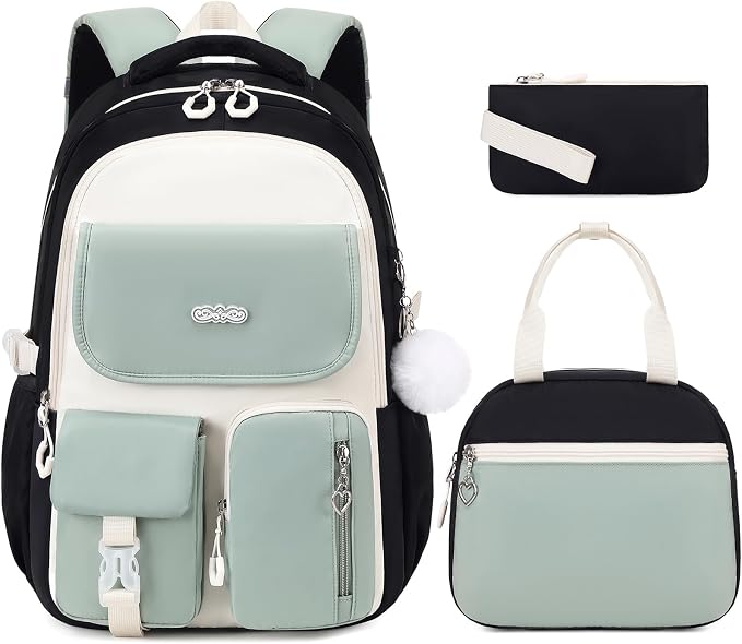 DIGOBAY Backpacks for Girls, 3PCS School Backpack with Lunch Box Pencil Pouch for Teen Girls Kids Elementary Primary Middle High College Travel School bag Bookbag Set （Black Green） by DIGOBAY