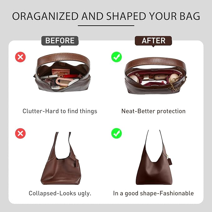 Dupont Paper Brooklyn 28 Bag Insert, Lightweight Purse Organizer for Coach Brooklyn 28 Shoulder Bags, Handbag Inner Divider Shaper with Elastic Cup Holder Smooth Zipper, White&Merlot - Image 4