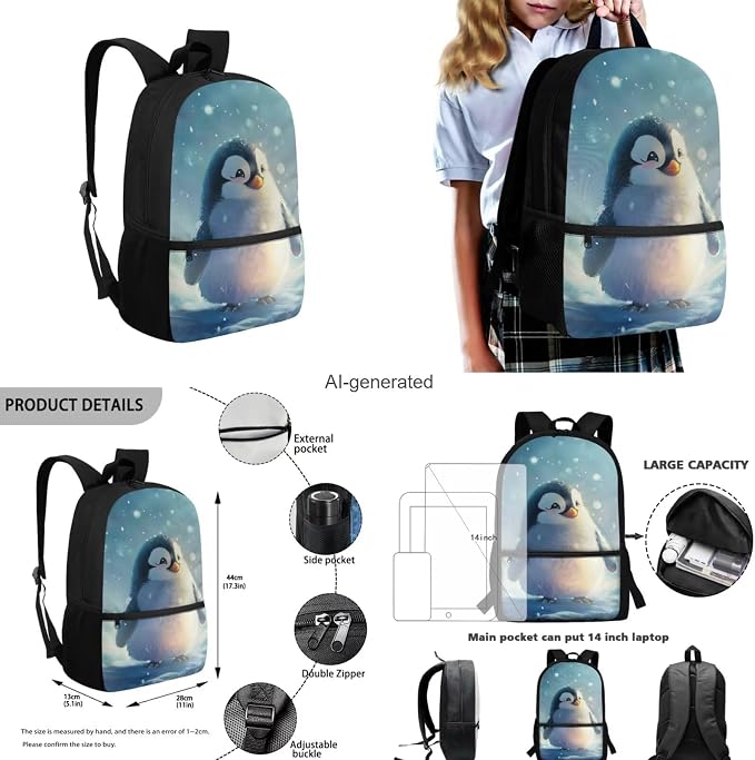 Penguin Backpack for Girls Kids Backpack with Lunch Box Water Bottle Holder with Strap and Soft Pencil Case 4PCS Set Cute Bookbag with Front Pocket 17 inch Large Capacity School Bag for Boys - Image 3