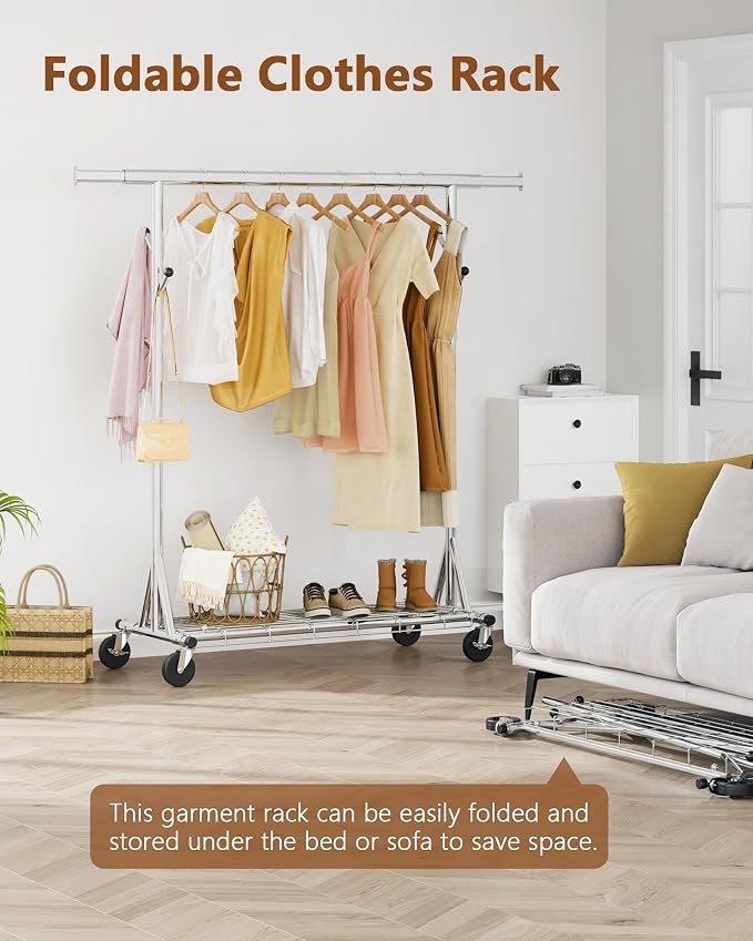 Hoctieon 1-Minute Assembly Clothes Rack, 480 lbs Heavy Duty Rolling Clothing Racks with Wheels, Foldable Garment Rack, Extendable Hanging Bar, Adjustable Metal Pole with Hooks, Chrome - Image 4