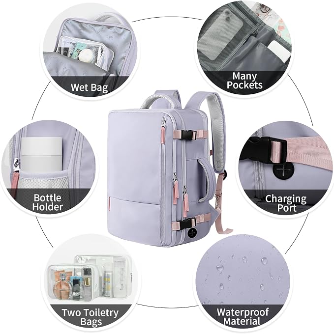 Hanples Travel Backpack for Women, 17 Inch Waterproof Laptop Backpack | 35L Carry on Backpack, TSA Flight Approved Anti Theft Travel Bag, Casual Daypack with 2 Toiletry Bags for Trips, Gray Purple - Image 5