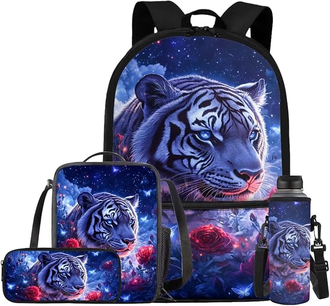 Aesthetic Tiger Backpack for Kids Girls Backpack with Lunch Box Water Bottle Holder and Soft Pencil Case 4PCS Set Lightweight Bookbag with Front Pocket for School 17 inch Sturdy School Bag by ELEDIZI