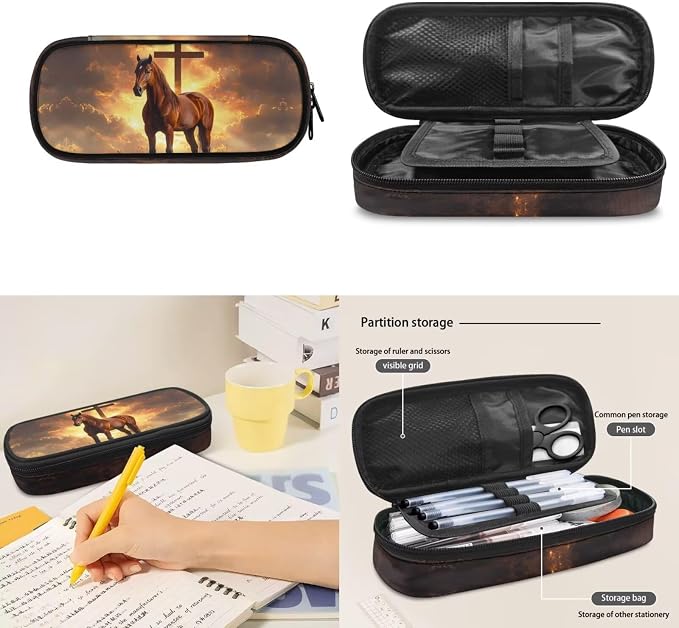 Horse Cross Kids Backpack Boys Elementary School Bags for Teens 3 Pcs Set Travel Bookbag with Lunch Bag and Pencil Case for School Supplies - Image 6