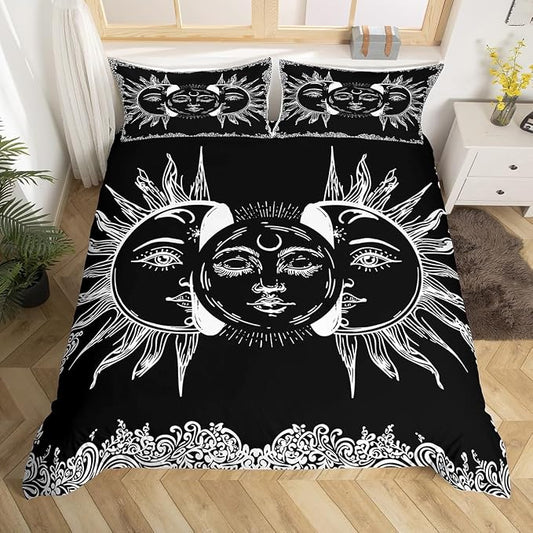 Erosebridal Mandala Duvet Cover Twin Sun and Moon Decor Comforter Cover Set with Zipper Ties Boho Exotic Style Black and White Bedding Set Botanical Floral Decor Duvet Cover for Adult Women Teen Men by Erosebridal