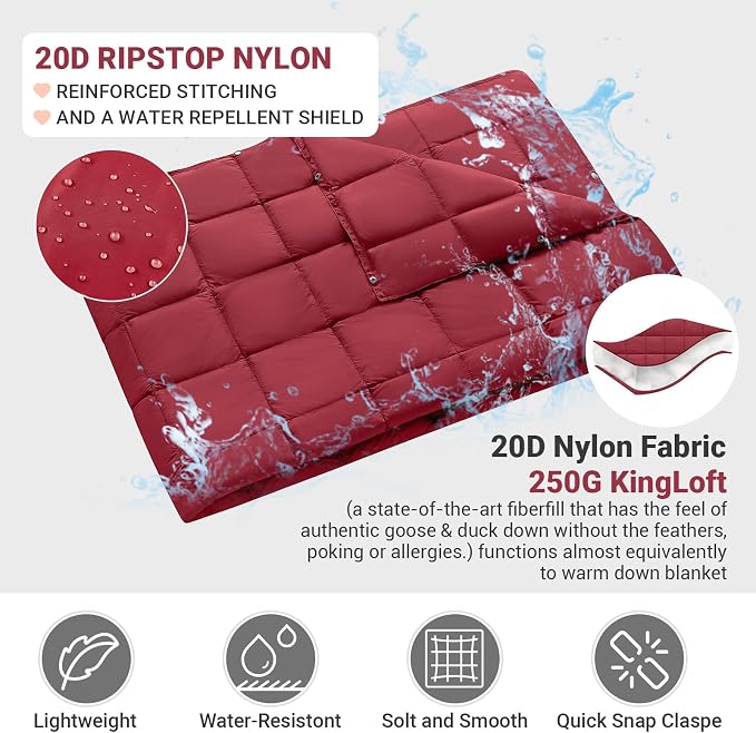 KingCamp Ultralight Camping Blanket, Packable Down Alternative Puffy Wearable Blankets Weatherproof Warm Package Quilt with Snap Buttons for Outdoor Hiking Travel, Picnic Stadium, (69" x 53" Crimson) - Image 5