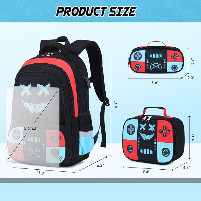Bevalsa Backpack for School Boys, Cool Luminous Gamer Boys Schoolbag with Lunch Box & Pencil Case Set for Kids Teens Elementary Middle School, Bookbag Glow In The Dark(Red Blue Smile Backpack) - Image 3