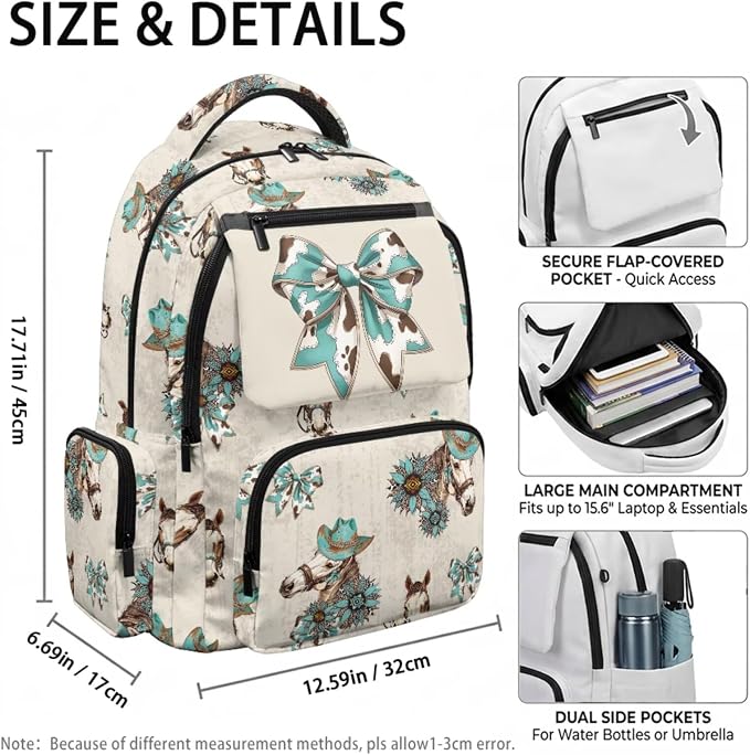 Cow Print Bow 4Pcs Kids Backpack Set, 17 Inch School Bag | Lunch Bag, Water Bottle Holder, Lightweight Durable 600D Material, Multi Pockets, for Boys Girls Elementary Middle School - Image 4