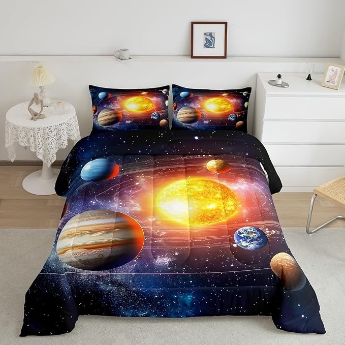 Erosebridal Solar System Bedding Set King Galaxy Space Comforter Set for Kids Boys Toddler Outer Space Room Decor Nebula Planets Orbit Comforter Celestial Universe Stars Quilt Duvet 2 Pillowcases - Image 2