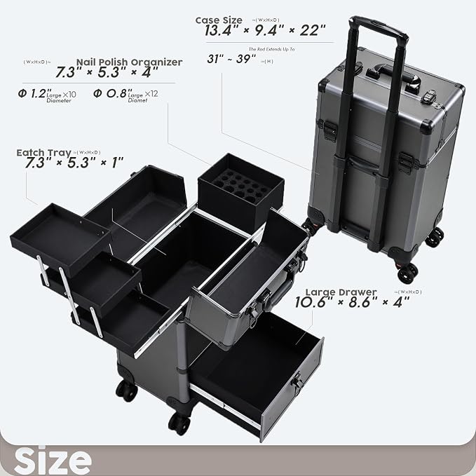 Hododou Rolling Makeup Case Cosmetic Travel Trolley Storage Sliding Drawer 4 Tray Makeup Travel Case with Wheels Salon Barber Case Traveling Cart Trunk for Cosmetologist Nail Tech Hairstylist Grey - Image 6