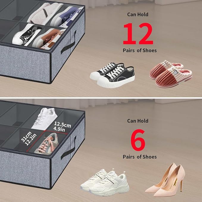 Onlyeasy Large Under Bed Shoe Organizer (6 to 12 Pairs x 2) - Underbed Shoes Closet Storage Solution with Metal Zipper and 2 Handles, Breathable, 29.3"x23.6"x5.9", Linen-like Grey, MXDUBSB2P - Image 9