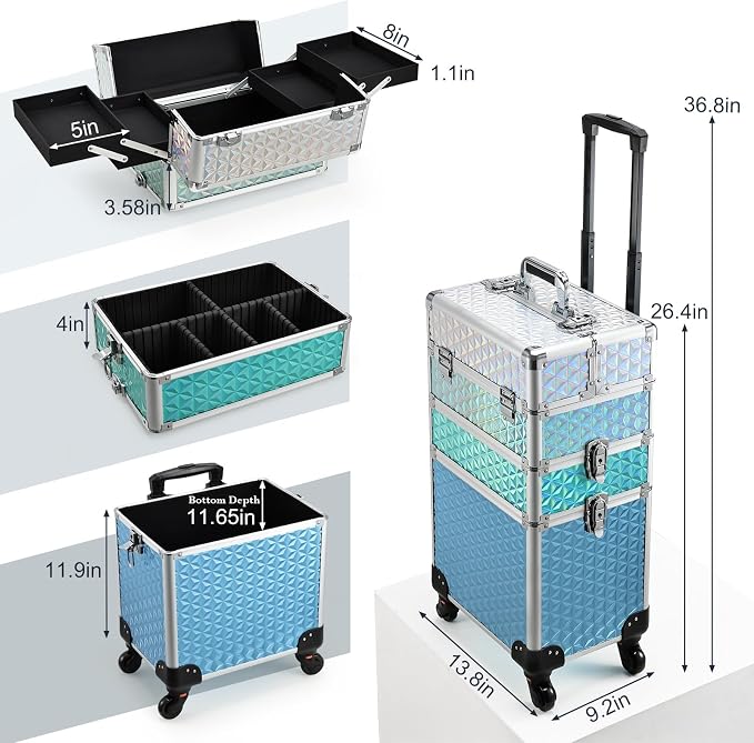 Professional Rolling Makeup Train Case 3 in 1 Aluminum Trolley Case with 360° Rotation Wheels for Makuep Artist Cosmetic Suitcase Organizer with Lock and Key Diamond Pattern - Turquoise Cascade - Image 6