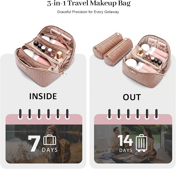 Travel Makeup Bag for Women: Designer 3 Pcs Set Cosmetic Bags for Women - Large Capacity Vagen Leather Hand-made for Toiletry Organizer - Ladies Travel Flat Open Essentials for Luxury (10Brown) - Image 7