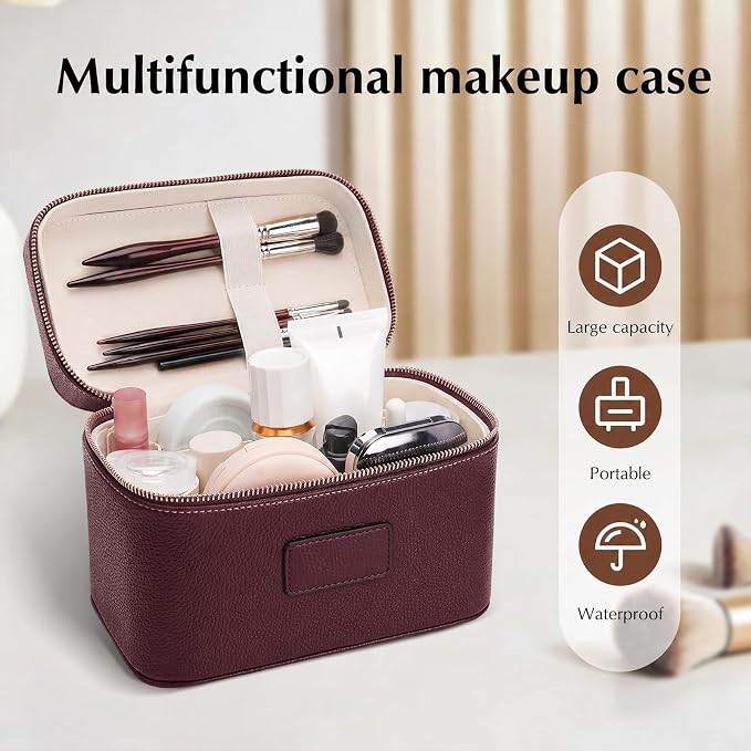 Makeup Case for Women, Leather Makeup Bag Cosmetic Case with Removable Divider, Large Capacity Waterproof Portable Travel Toiletry Make up Organizer Case - Image 6