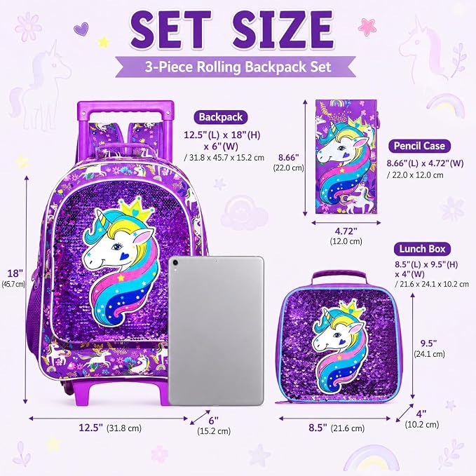 AGSDON 3PCS Rolling Backpack for Girls Boys, Kids Roller Wheels Bookbag, Wheeled School Bag with Lunch Bag - Image 5