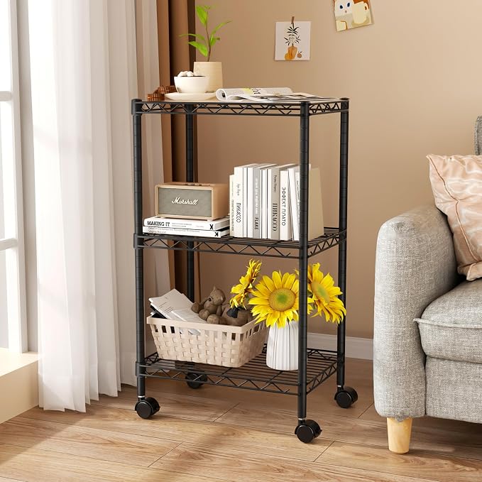 Golpart Small 3 Tier Shelves Storage Wire Shelving Unit Metal Shelf Adjustable Organizers Storage Shelving with Wheels for Bathroom Laundry Room Kitchen Pantry11.7”D x 17.7”W x 30.7”H Black - Image 7