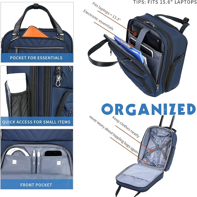 KROSER Carry On Underseat Multi-functional, 16-inch Underseater Lightweight Overnight Suitcase for Women, Navy - Image 4