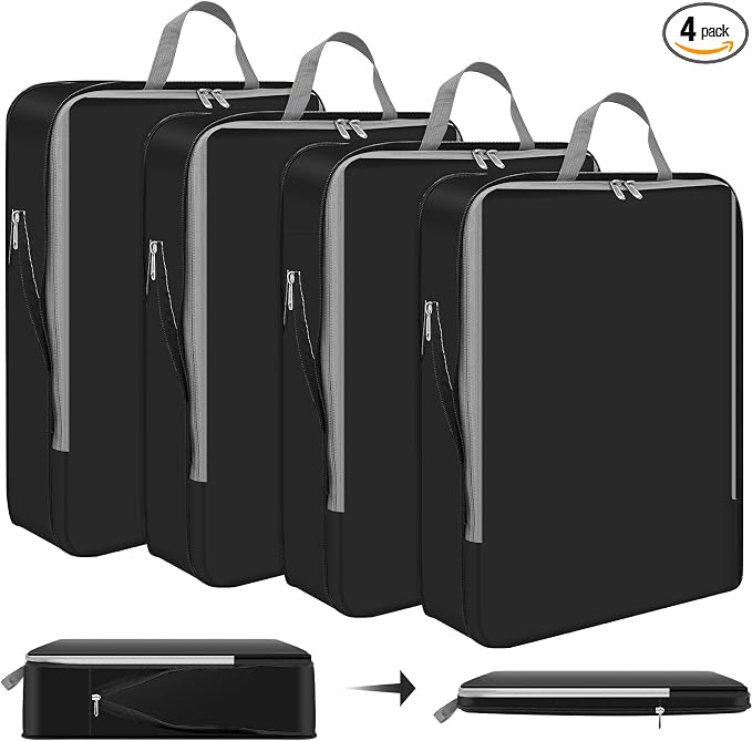 Hosuly 4 Pcs Large Ultralight Compression Packing Cubes for Travel 17.3 x 12.6'' XL Large Expandable Luggage Storage Organizers for Save Space Family Long Trips (black 01) by Hosuly