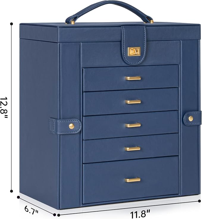 AKOZLIN 6-Tier Jewelry Box Organizer Functional 5 Drawers Leather Jewelry Storage Case for Women Girls Ring Necklace Earring Bracelet Holder Organizer with Mirror Extra Large Blue - Image 5
