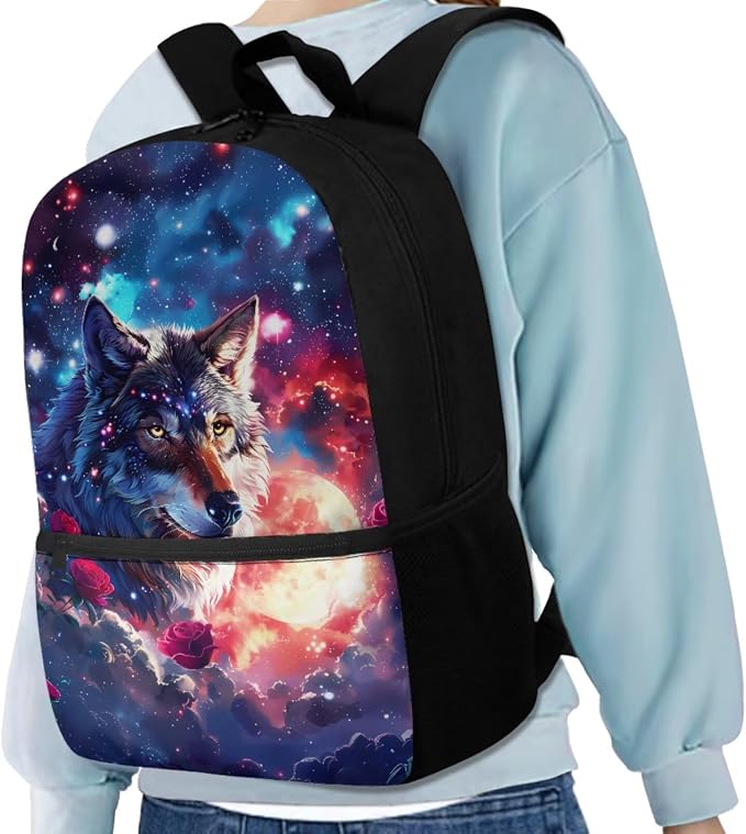 Galaxy Wolf Backpack for Girls Kids Backpack with Lunch Box Water Bottle Carrier and Aesthetic Pencil Case 4PCS Set Bookbag with Front Pocket for School 17 inch Large Capacity School Bag - Image 2