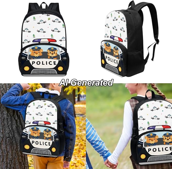 Police Car Kids Backpack Boys 3 Piece School Bag Set for Girls 4-6 with Lunch Kit and Pencil Pouch Backpack for 1 Grade Toddler Bookbag - Image 2