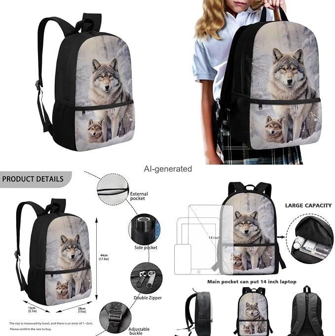 Wolf Backpack for Girls Boys Backpack with Lunch Box Water Bottle Holder and Soft Pencil Case 4PCS Bookbag with Front Pocket for School 17 inch Sturdy School Bag with Side Pocket for Kids - Image 3