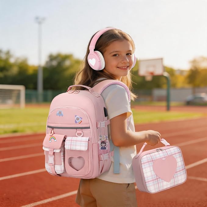ACESAK Backpack for Girls with Headphones - Girls Backpack with Lunch Box, Pencil Case & Kids Headset - 3.5mm Wired Headphones for School Bookbag Schoolbag Set Back To School Gift (Pink) - Image 8