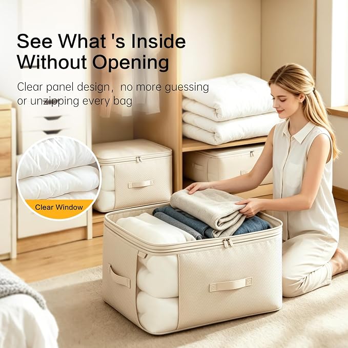 Comforter Storage Bag, Large Capacity Blanket Storage Bags 3-Layer Ultra Space Saving Self Compression Organizer, Heavy Duty Space Saver Organizer for Bedding, Clothes, Blanket, 2-Pack, Beige - Image 6