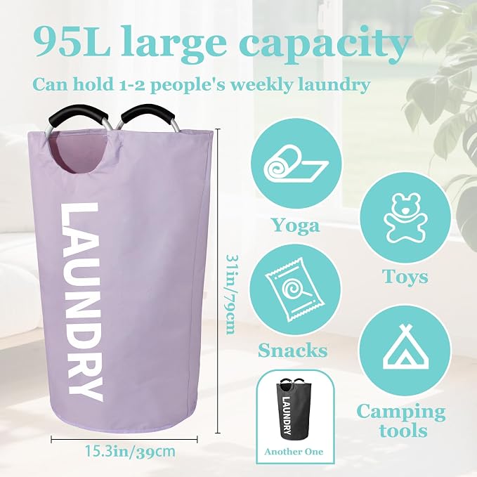 WOOHA 2 Pack 95L Laundry Hamper, Collapsible Laundry Basket with Padded Aluminum Handles, 600D Oxford Fabric Dirty Clothes Hamper, Collapsible Large Storage Bins for Dorm, Bedroom, Purple + Black - Image 4