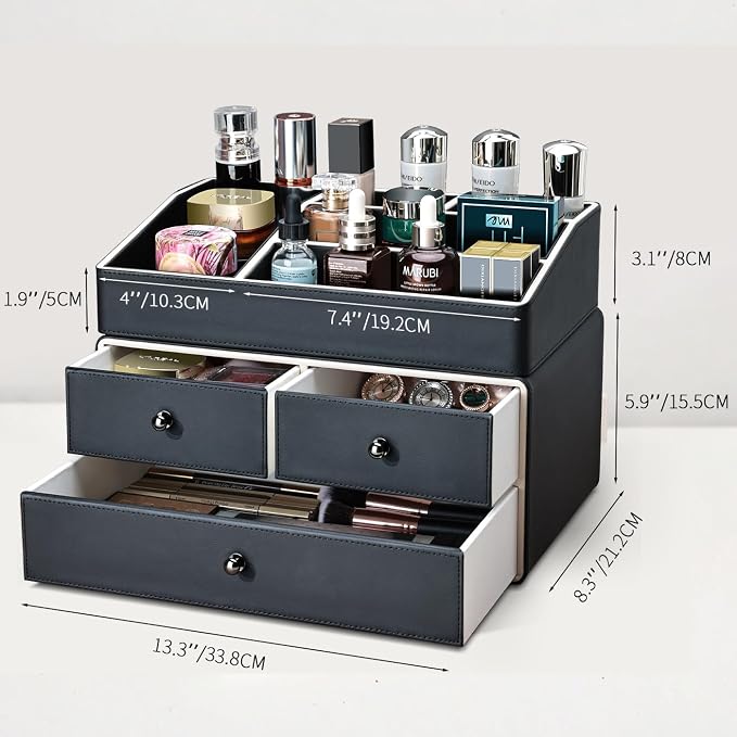 KINGFOM 2 Tier PU Leather Makeup Organizer with 3 Drawers, Cosmetic Storage Organizers for vanity Dresser Countertop and Bathroom Vanity, Beauty Holder for Lipstick Brush Skincare (Black) - Image 2