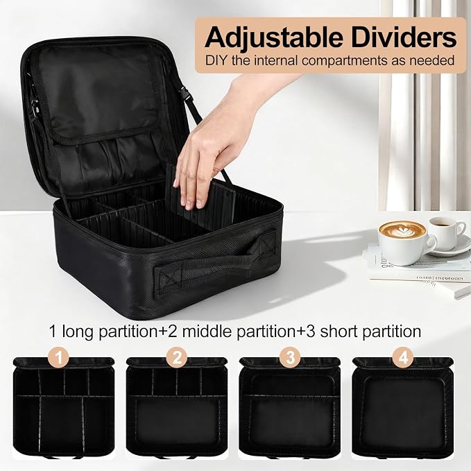 Greenfeather Travel Makeup Bag, Professional Cosmetic Train Case Organizer for Women, Portable Travel Cosmetic Brush Bag Holder Makeup Artist Storage Box with Adjustable Dividers, Black - Image 4