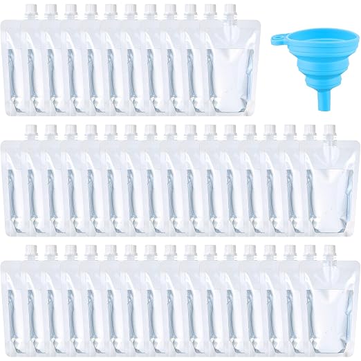 Patelai 150 Pieces Plastic Liquid Pouch Reusable Juice Pouches Travel Water Leak Proof Bags Bulk with Collapsible Silicone Funnel for Travel Outdoor (10 oz) by Patelai