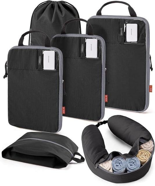 BAGSMART 6 Set Compression Packing Cubes Travel Essentials with Neck Pillow | Premium taslan organizer bags for budget airline carry-ons, luggage, suitcases, closets, cruises by BAGSMART