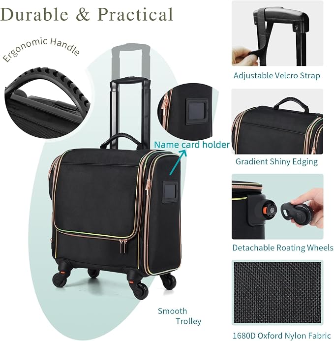 Stagiant Rolling Makeup Train Case, Professional Makeup Case, Travel Cosmetic Organizer Make Up Storage Bag for Makeup Artist, Hairstylist, Barbers, with 5 Toiletry Bags, Black - Image 6