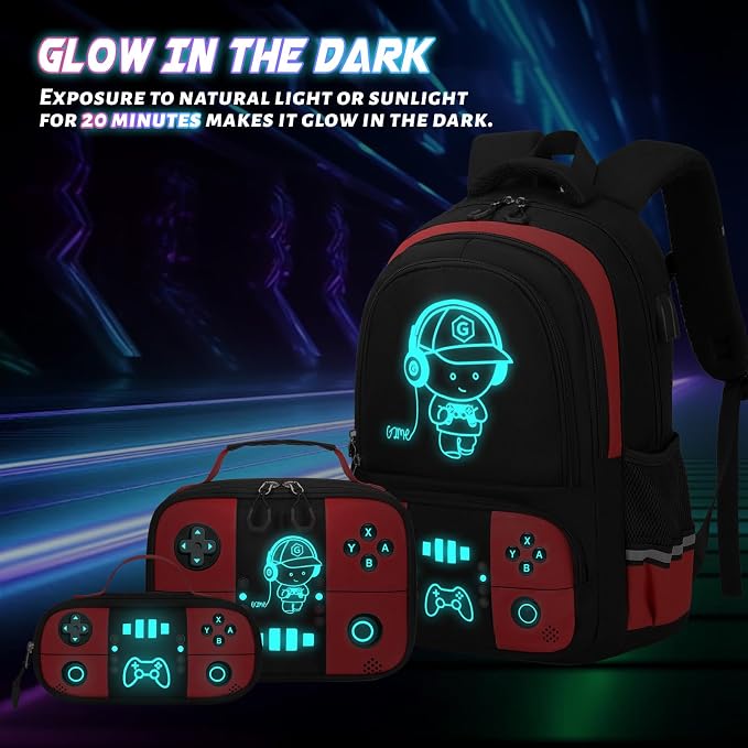 Bevalsa Backpack for School Boys,Cool Luminous Gamer Boys Backpacks with Wired Headphones Lunch Box Pencil Case,Kids Schoolbag for Teens Kindergarten Elementary School(Red Backpack with Headphones) - Image 3