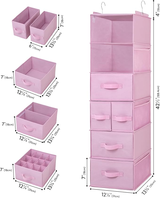 GRANNY SAYS Hanging Closet Organizers and Storage, 6 Shelves Closet Hanging Organizer with 6 Side Pockets, 5 Drawer Storage Organizer, Portable Hanging Shelves for Baby Closet, Pink Shelf - Image 3