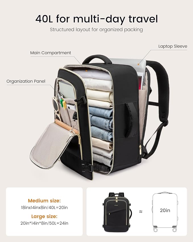 LOVEVOOK Travel Backpack for Women, 40L Carry On Backpack for Airplanes, Personal Item Bag for Airlines Fits 17 inch Laptop,TSA Approved Luggage with 3 Packing Cubes,Waterproof Weekender Gym back pack - Image 3