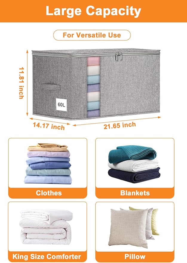 punemi Comforter Storage Bag, Large Blanket Storage Bags with Sturdy Structure, Zipper & 2 Handles for King/Queen Comforters, Quilts, Duvets, Pillows, Bedding and Clothes, 21.7x14.2x11.8in, 2 Pack - Image 6