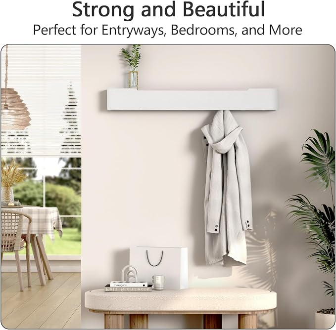Coat Rack Wall Mount with Shelf 8 Hidden Hooks Modern Wooden Key Holder Entryway Organizer for Hallway Bedroom Bathroom Home Decor Storage for Hanging Coats Hats Bags Towels, White - Image 5