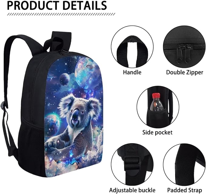 17 Inch Animal Print School Backpack And Lunch Box Set for Kids Lightweight Fantastic Galaxy Koala Backpack for Boys Girls School Bag with Insulated Lunchbox Pencil Case Student Bookbag - Image 4