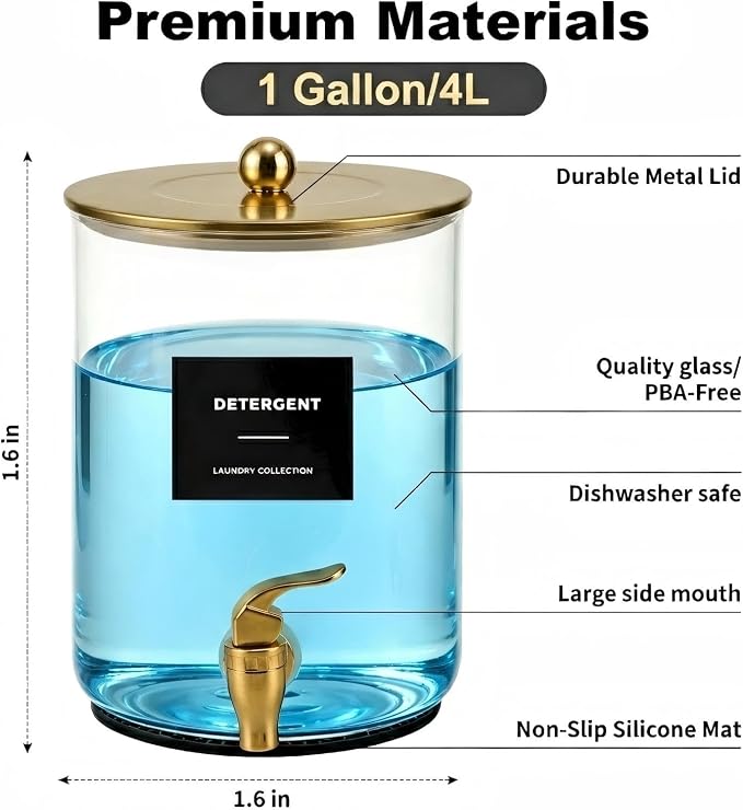 Glass Laundry Detergent Dispenser,1 Gallon Large Liquid Soap 2 Pack(Gold) | Complete borosilicate jars set with leakproof spigots, protective silicone mats, minimalist labels, and dosing cups - Image 5