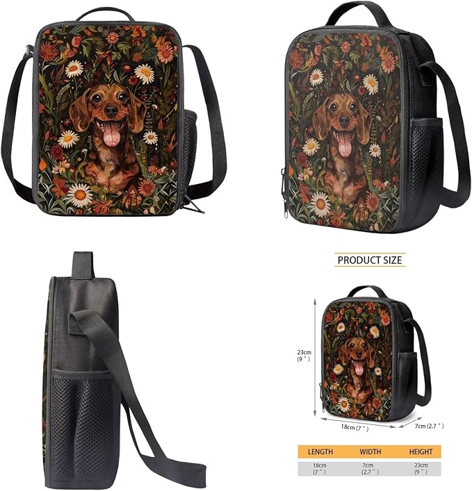 Dachshund Dog Retro Flower Print Backpack Set Boys Girls 17 Inch Travel Laptop Backpacks Large Capacity Schoolbag Lunch Box Pencil Case Lightweight Rucksack Casual Daypack - Image 4