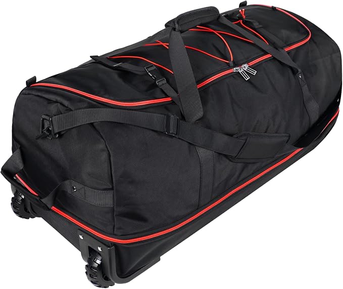 Bagenerous 110L/140L Expandable Soft-Sided Foldable Duffle Bag with 2 Rubber Wheels,Packable 32” Rolling Carry-On with Multi-Pockets & Compartments,Black Red by Bagenerous