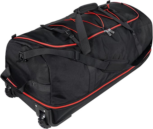 Bagenerous 110L/140L Expandable Soft-Sided Foldable Duffle Bag with 2 Rubber Wheels,Packable 32” Rolling Carry-On with Multi-Pockets & Compartments,Black Red by Bagenerous