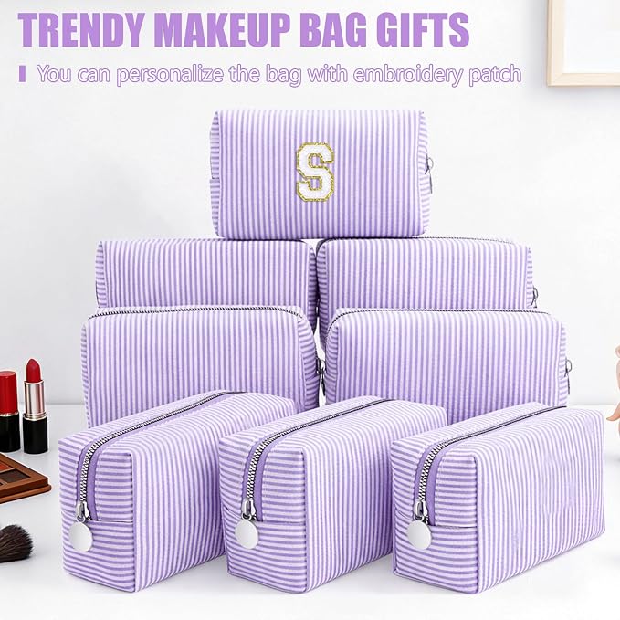 Giesiery 8 Pcs Seersucker Makeup Bags Striped Cosmetic Bags Bulk Organizer for Women Preppy Travel Toiletry Pouch for Wedding Bridesmaid Gifts (Purple, Medium) - Image 4