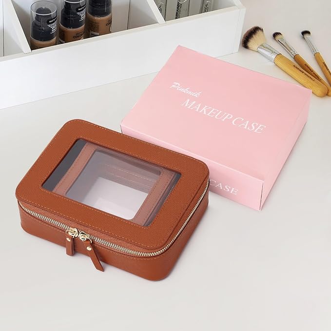 Pinkmik Clear Makeup Bag Waterproof Travel Case for Cosmetics and Toiletries Women's Purse Organizer and Clear Car Bag with Zipper (X/Brown, M+MINI) - Image 7