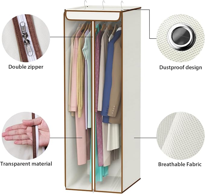 Univivi Garment Bags for Hanging Clothes, Large Clothes Storage Bags Closet Organizer with Clear Window, Premium Hanging Garment Storage Bag for Suits, Coats, Dresses, 54", 2 Pack (Beige) - Image 3